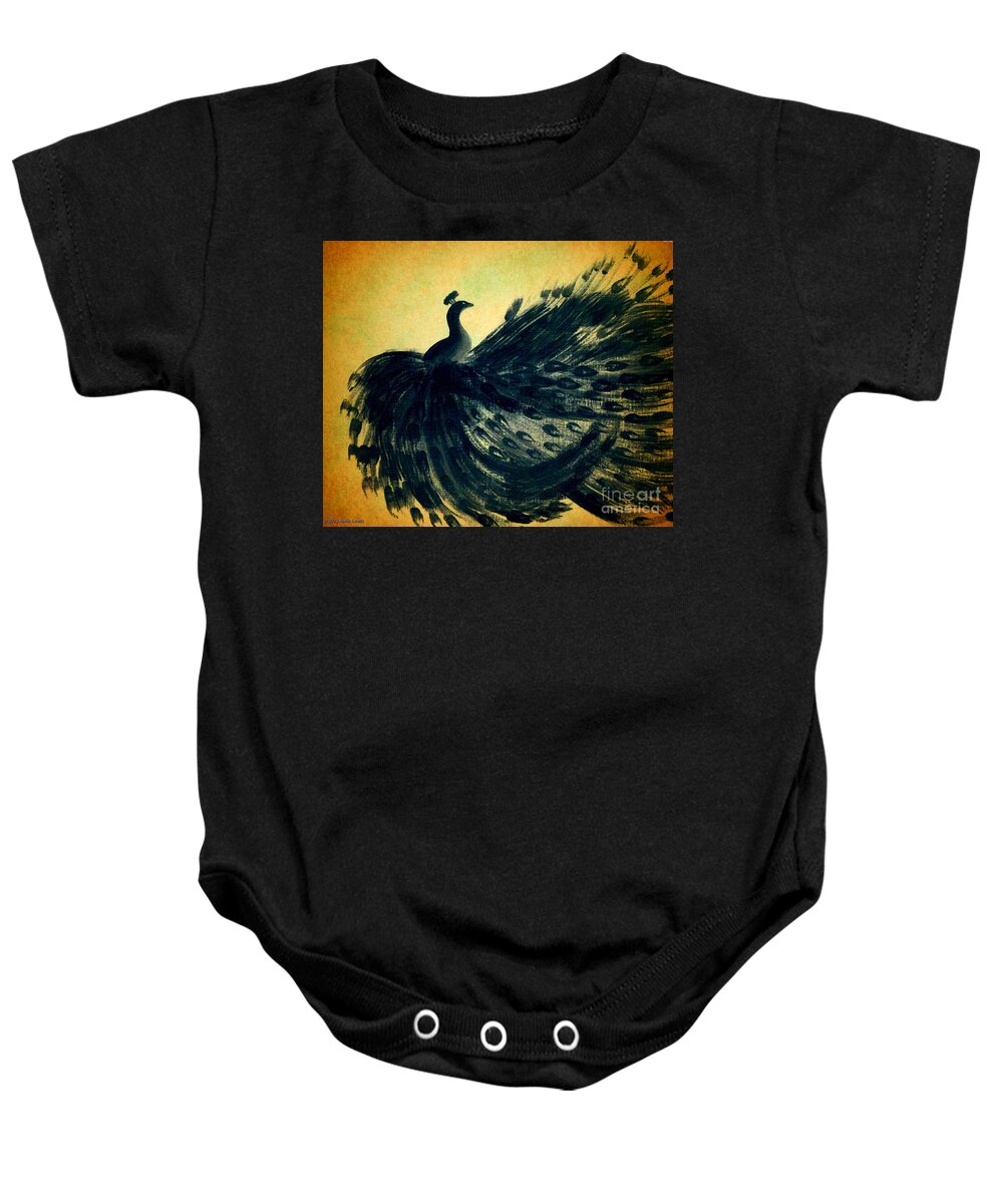 Black Bird Baby Onesie featuring the painting DANCING PEACOCK gold by Anita Lewis