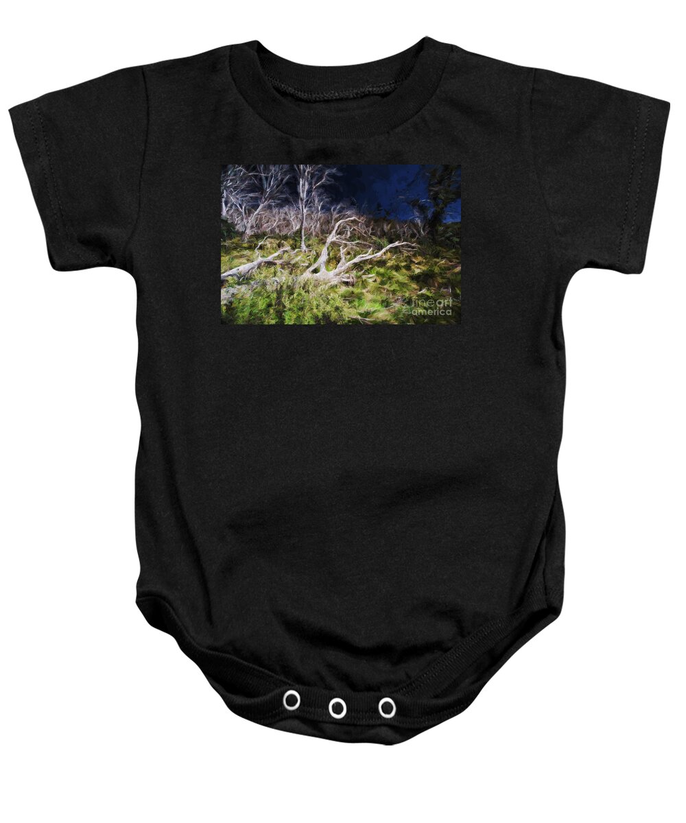 Dead Tree Baby Onesie featuring the photograph Dead tree in Snowy Mountains by Sheila Smart Fine Art Photography