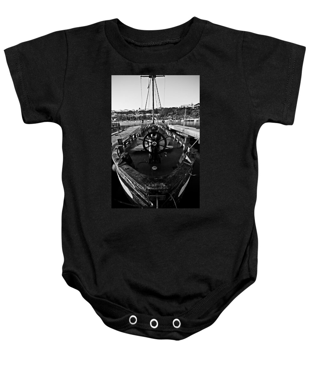Abandoned Baby Onesie featuring the photograph Vintage tall ship in black and white - Desire of sea by Pedro Cardona Llambias
