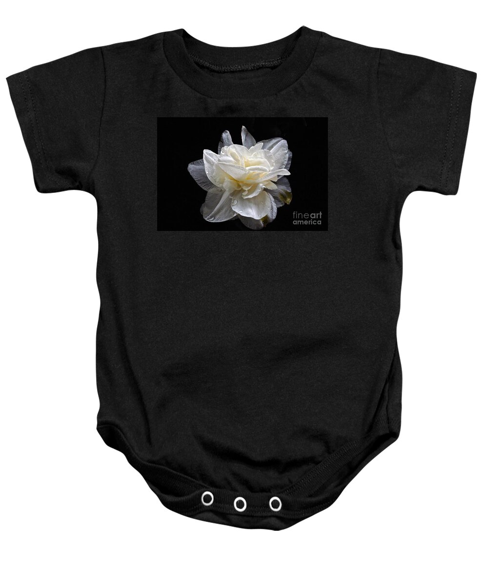 White Double Daffodil Baby Onesie featuring the photograph Double White Daffodil In Dark Water by Byron Varvarigos