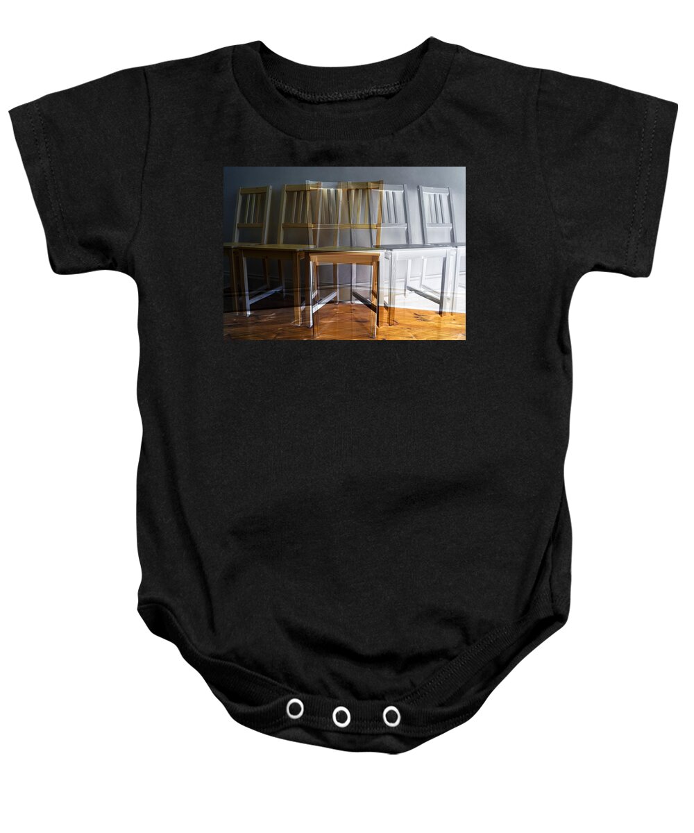 Abstract Baby Onesie featuring the photograph Duality With 3 Chairs by Wayne Sherriff