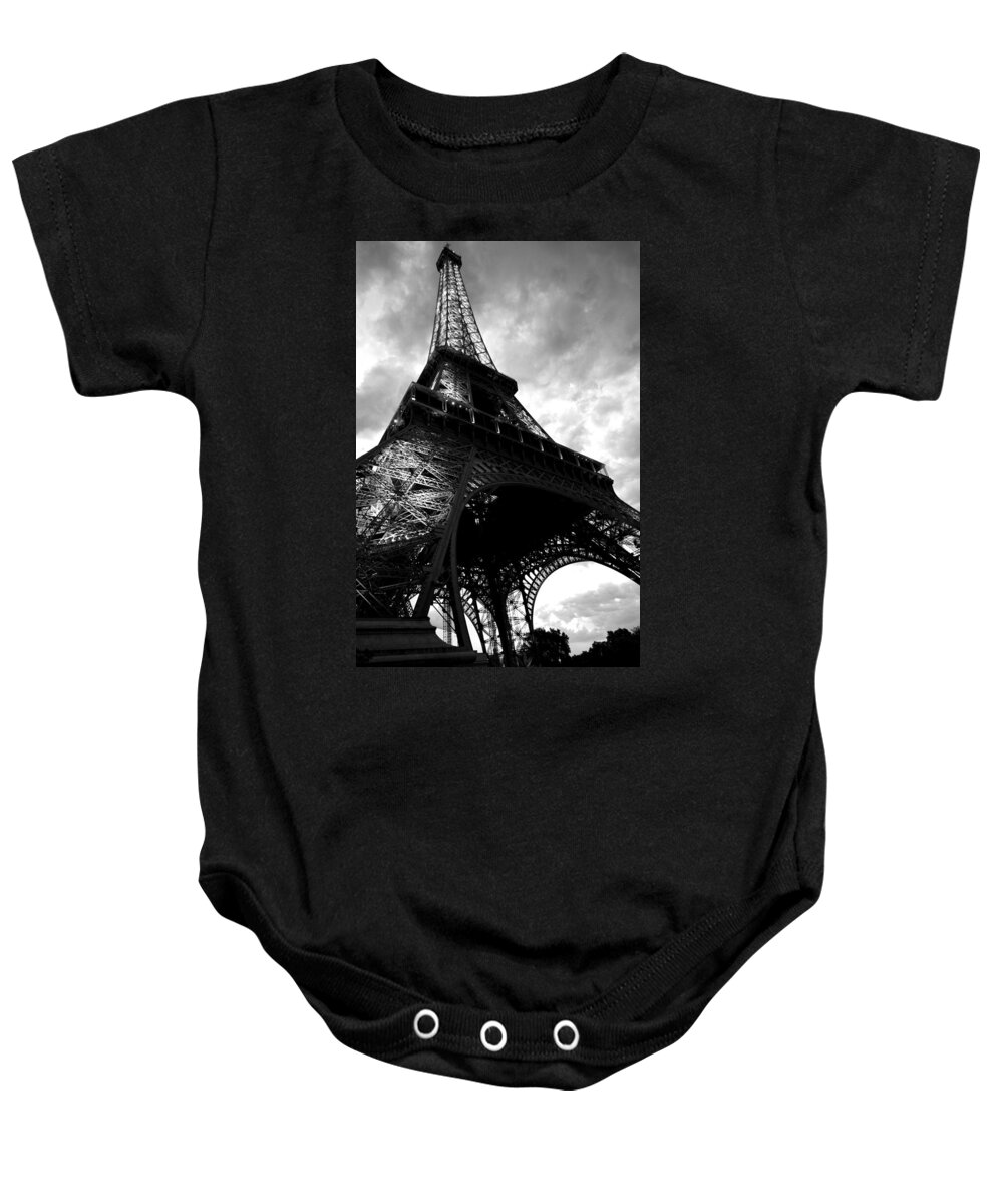 Eiffel Tower Baby Onesie featuring the photograph Eiffel Tower in Black and White. Ominous sky overhead by Toby McGuire