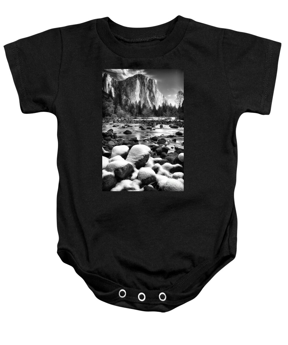 Yosemite Baby Onesie featuring the photograph El Cap and Snow by Anthony Michael Bonafede
