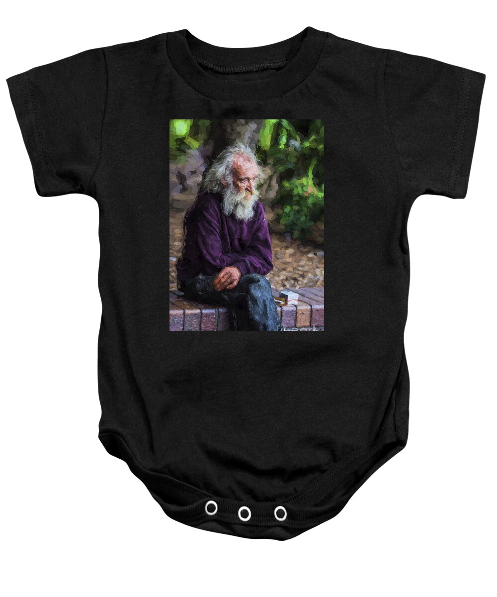 Painterly Effect Baby Onesie featuring the photograph Elderly man sits on a wall by Sheila Smart Fine Art Photography