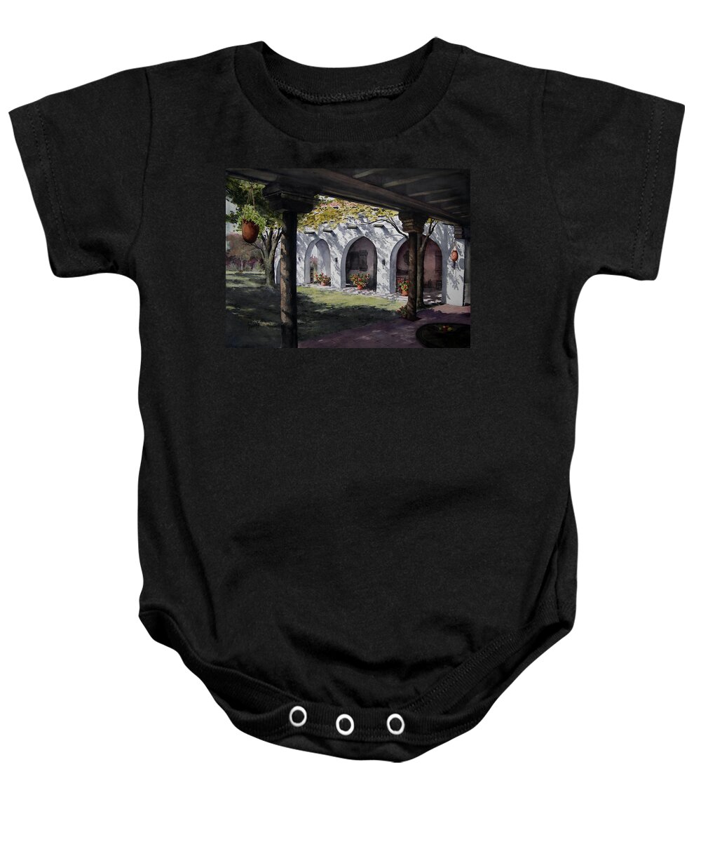Courtyard Baby Onesie featuring the painting Elfrida Courtyard by Sam Sidders
