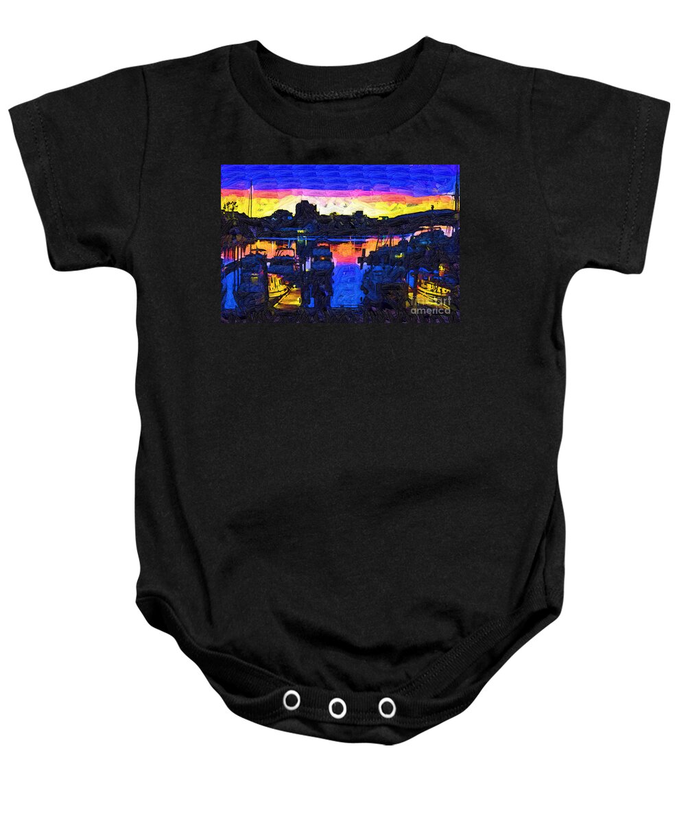 Boats Baby Onesie featuring the painting The Harbor At Dusk by Kirt Tisdale