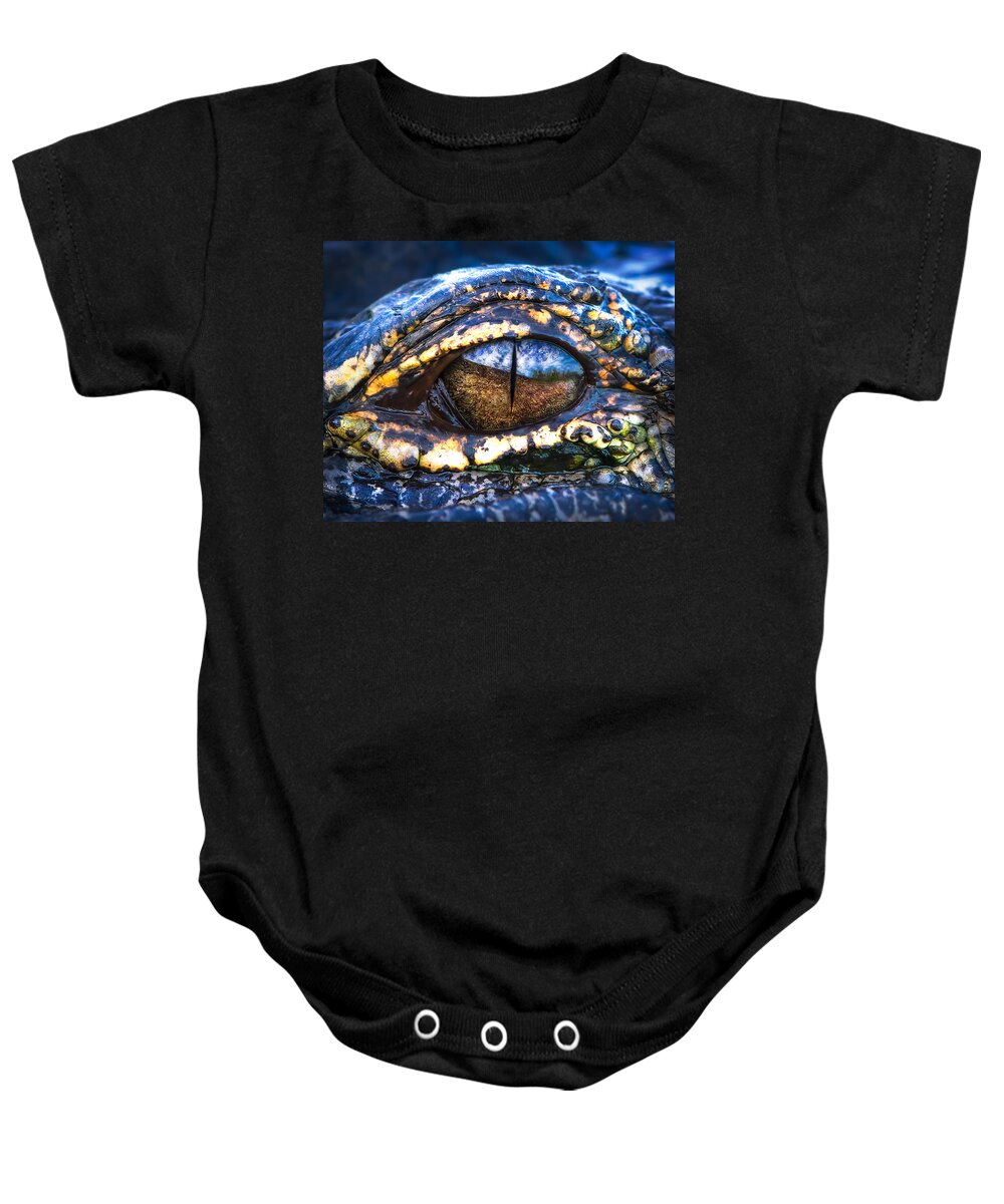 Alligator Baby Onesie featuring the photograph Eye of the Dragon by Mark Andrew Thomas