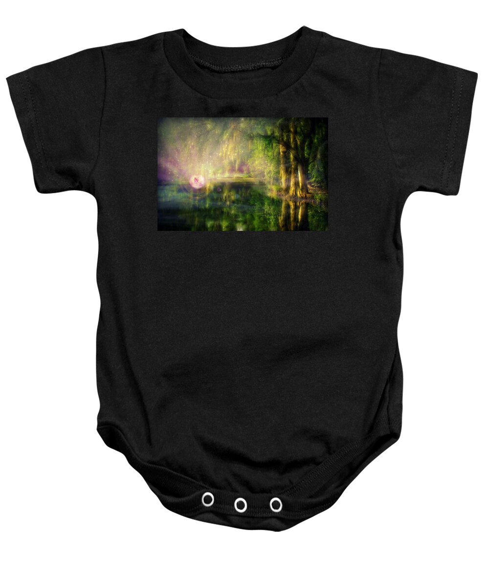 Fairy Baby Onesie featuring the digital art Fairy in Pink bubble in Serenity Forest by Lilia D