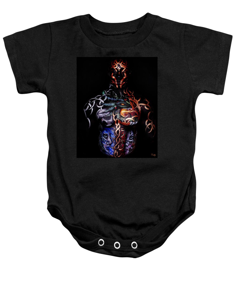 Body Paint Baby Onesie featuring the photograph FantasyFlames by Angela Rene Roberts and Cully Firmin