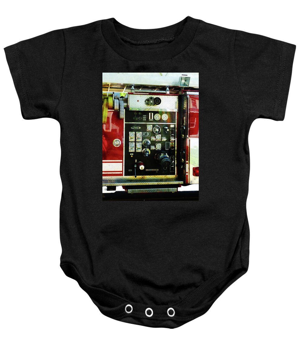Firefighters Baby Onesie featuring the photograph Fireman - Gauges on Fire Truck by Susan Savad
