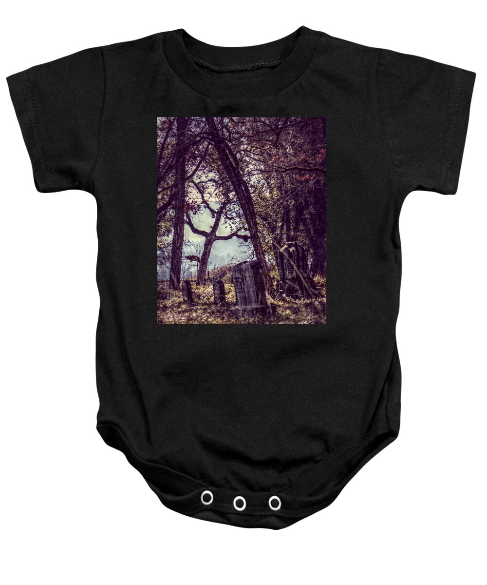 Cemetery Baby Onesie featuring the photograph Foggy Memories by Melanie Lankford Photography