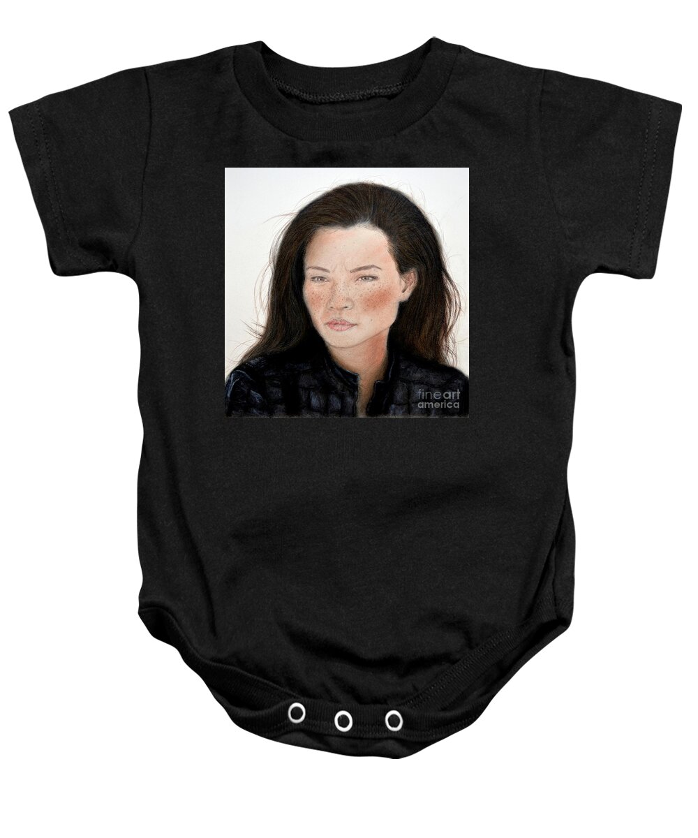 Drawing Baby Onesie featuring the drawing Freckle Faced Beauty Lucy Liu remake by Jim Fitzpatrick