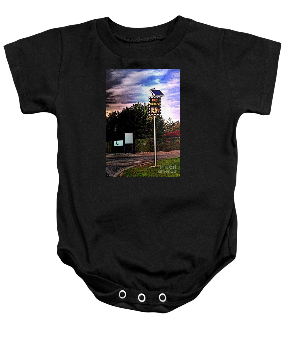 Smiley Baby Onesie featuring the photograph French Smiley Road Sign by HELGE Art Gallery