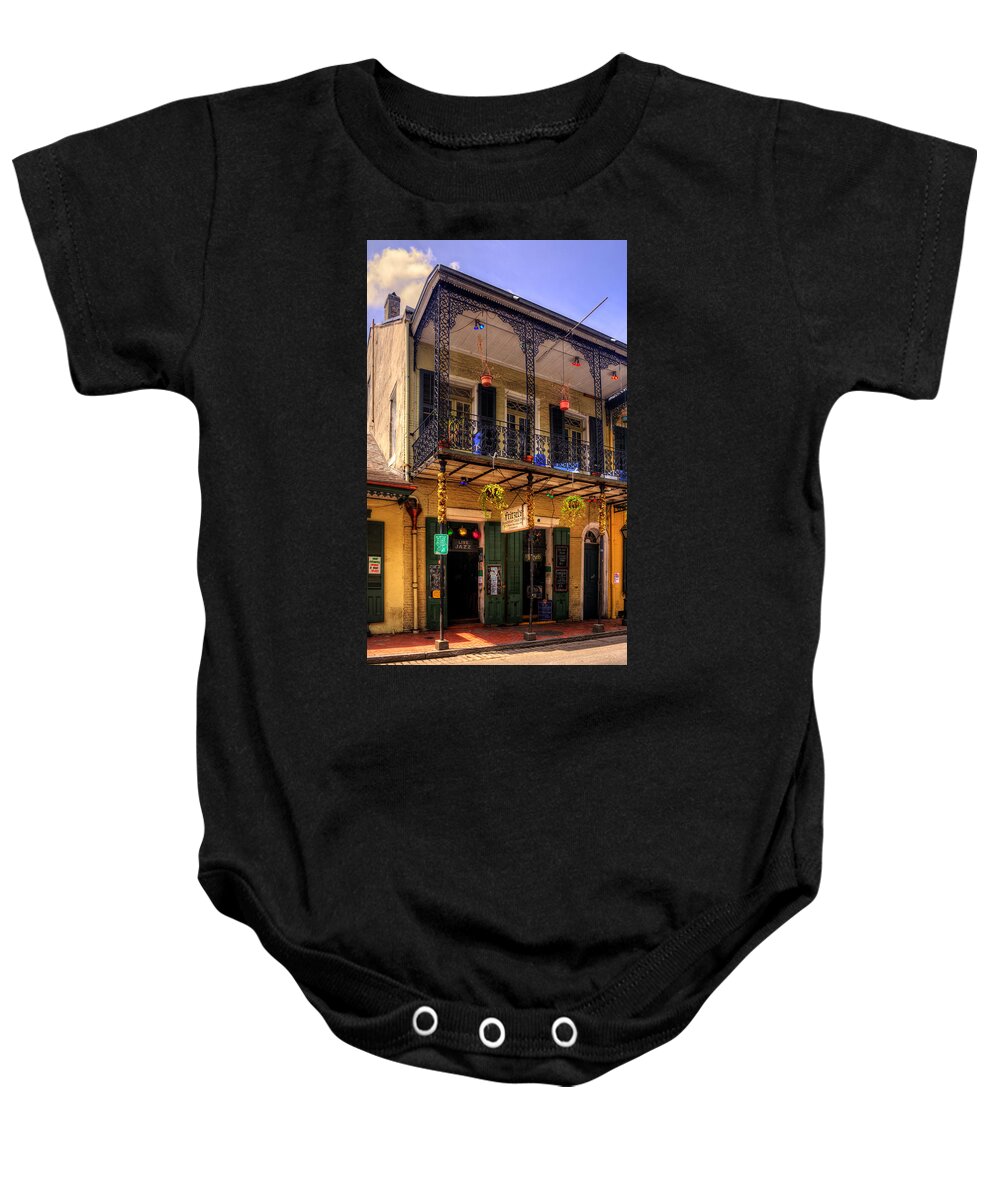 New Orleans Baby Onesie featuring the photograph Fritzel's European Jazz Pub New Orleans by Greg and Chrystal Mimbs