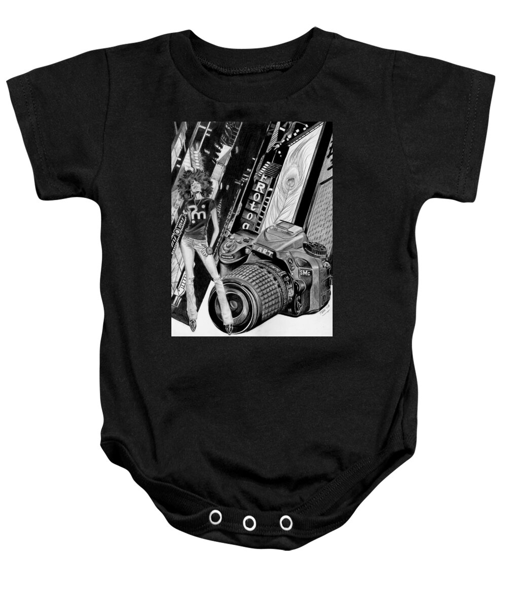Camera Baby Onesie featuring the drawing Funkytown by Terri Meredith
