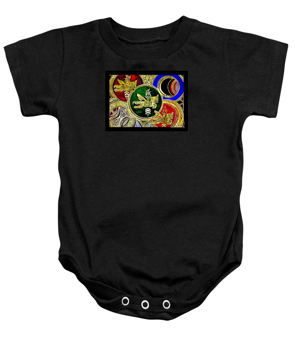Mongolian Shamanism Baby Onesie featuring the painting Galactic Windhorses by Susanne Still