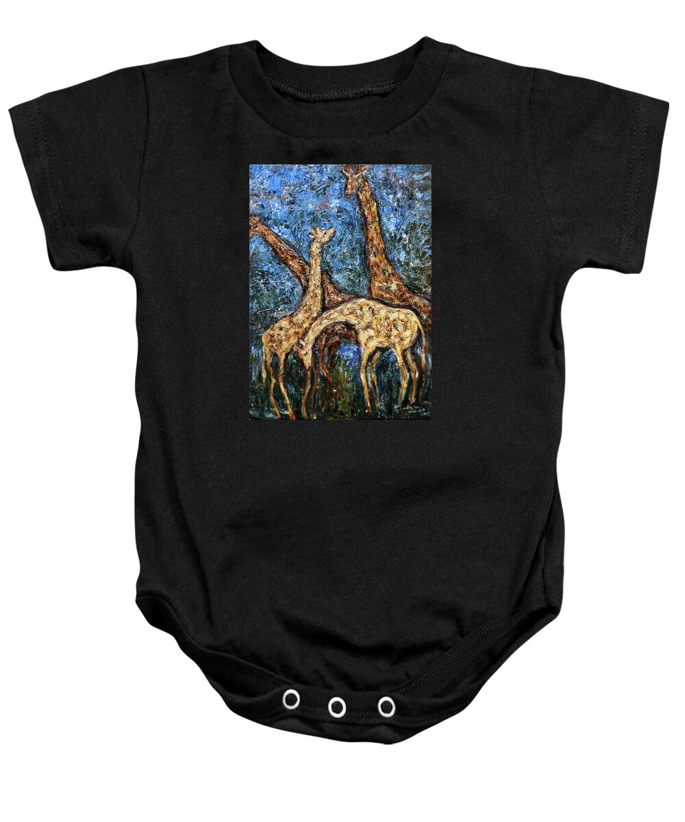 Wildlife Baby Onesie featuring the painting Giraffe Family by Xueling Zou