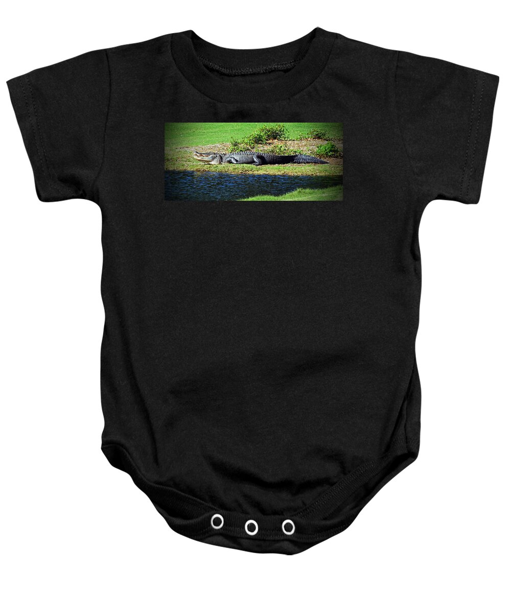 Alligator Baby Onesie featuring the photograph Golf Course Gator by Cynthia Guinn
