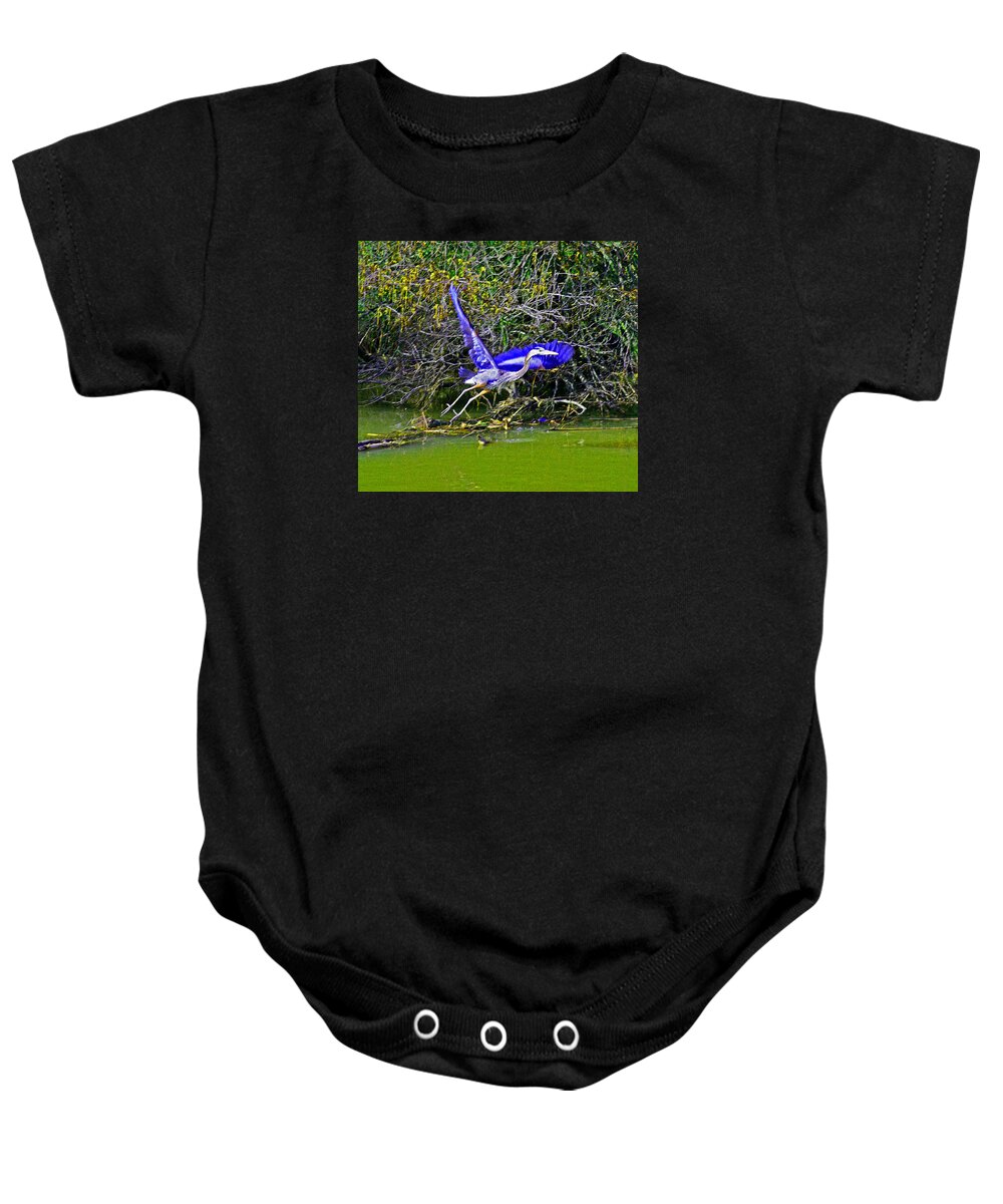 Great Blue Heron Baby Onesie featuring the photograph GR8 Heron Flight by Joseph Coulombe