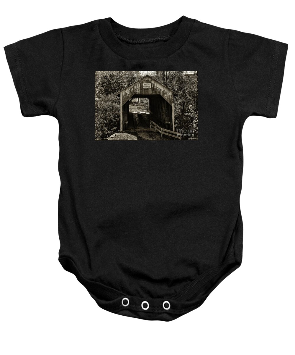Architecture Baby Onesie featuring the photograph Grange City Covered Bridge - Sepia by Mary Carol Story