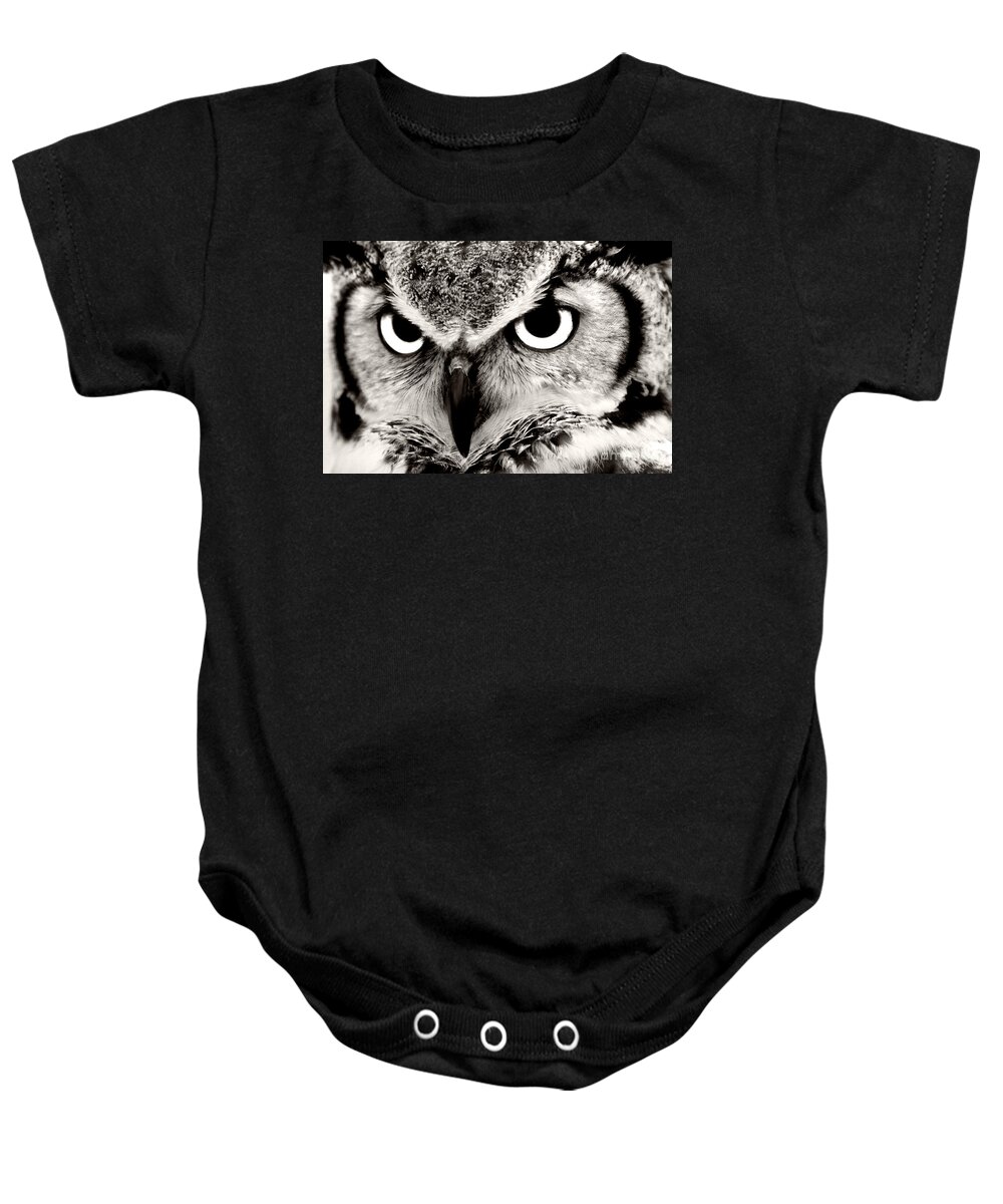 Great Horned Owls Baby Onesie featuring the photograph Great Horned Owl in Black and White by Jill Lang