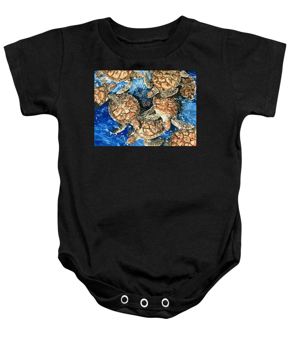 Sea Turtle Baby Onesie featuring the painting Green Sea Turtles by Pauline Walsh Jacobson