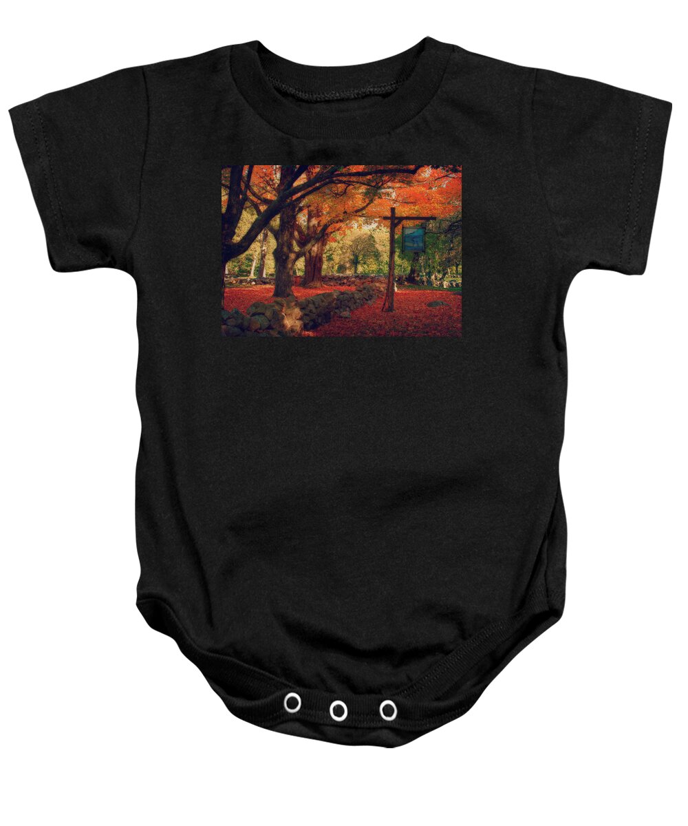 Hartwell Tavern Baby Onesie featuring the photograph Hartwell tavern under orange fall foliage by Jeff Folger