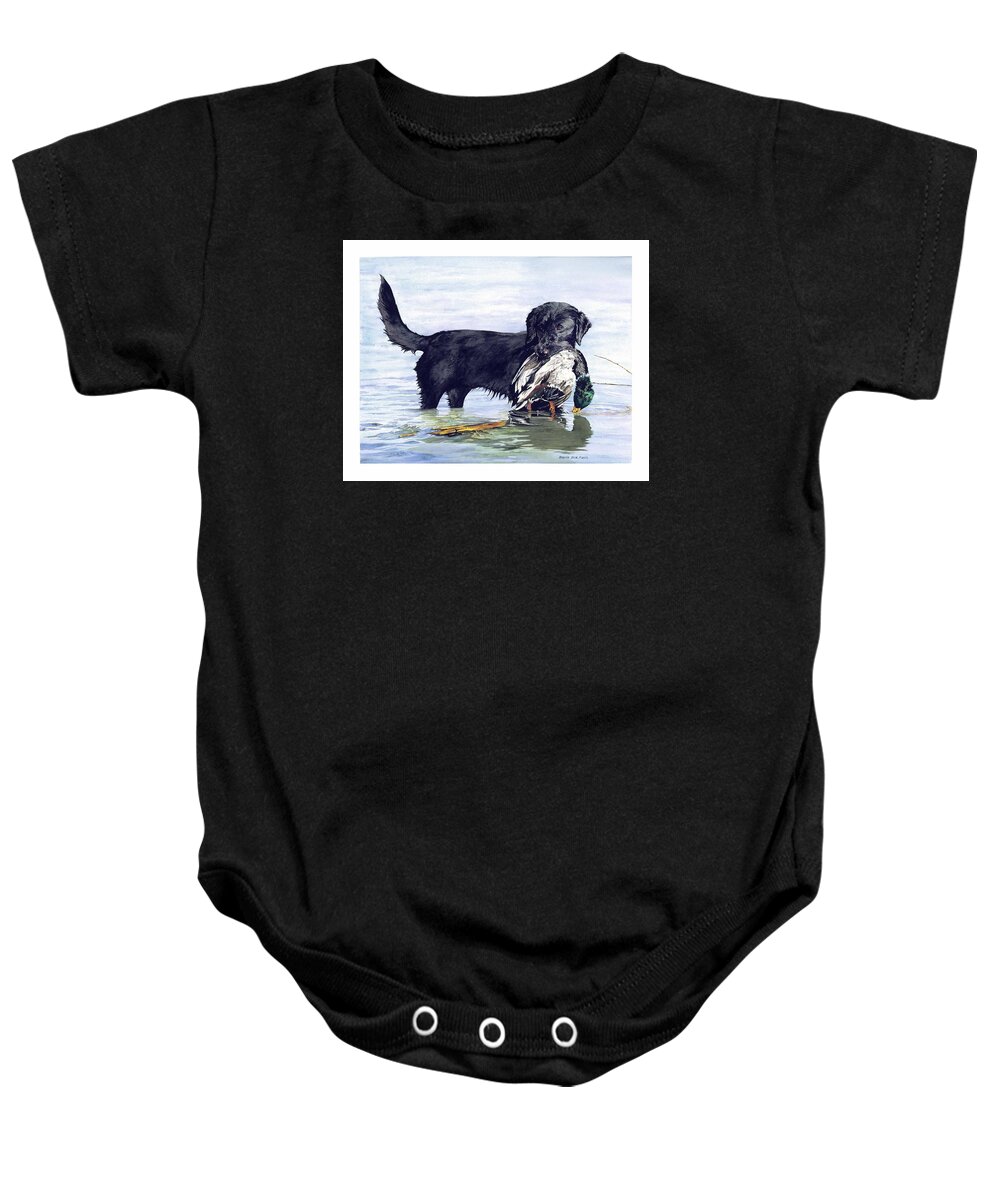 Black Retriever Dog Retrieving A Mallard. Baby Onesie featuring the painting His First Catch by Brenda Beck Fisher