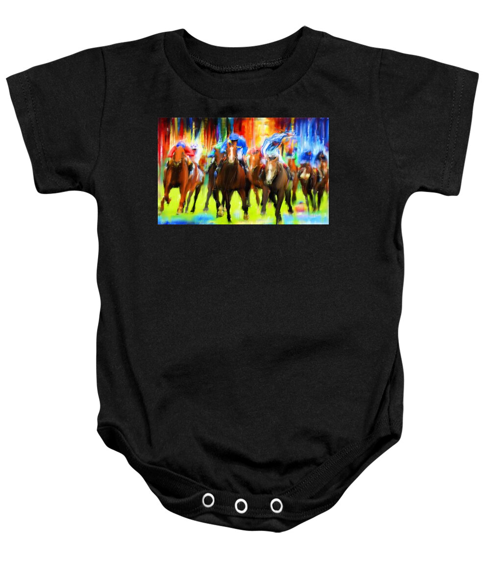 Horse Racing Baby Onesie featuring the digital art Horse Racing by Lourry Legarde
