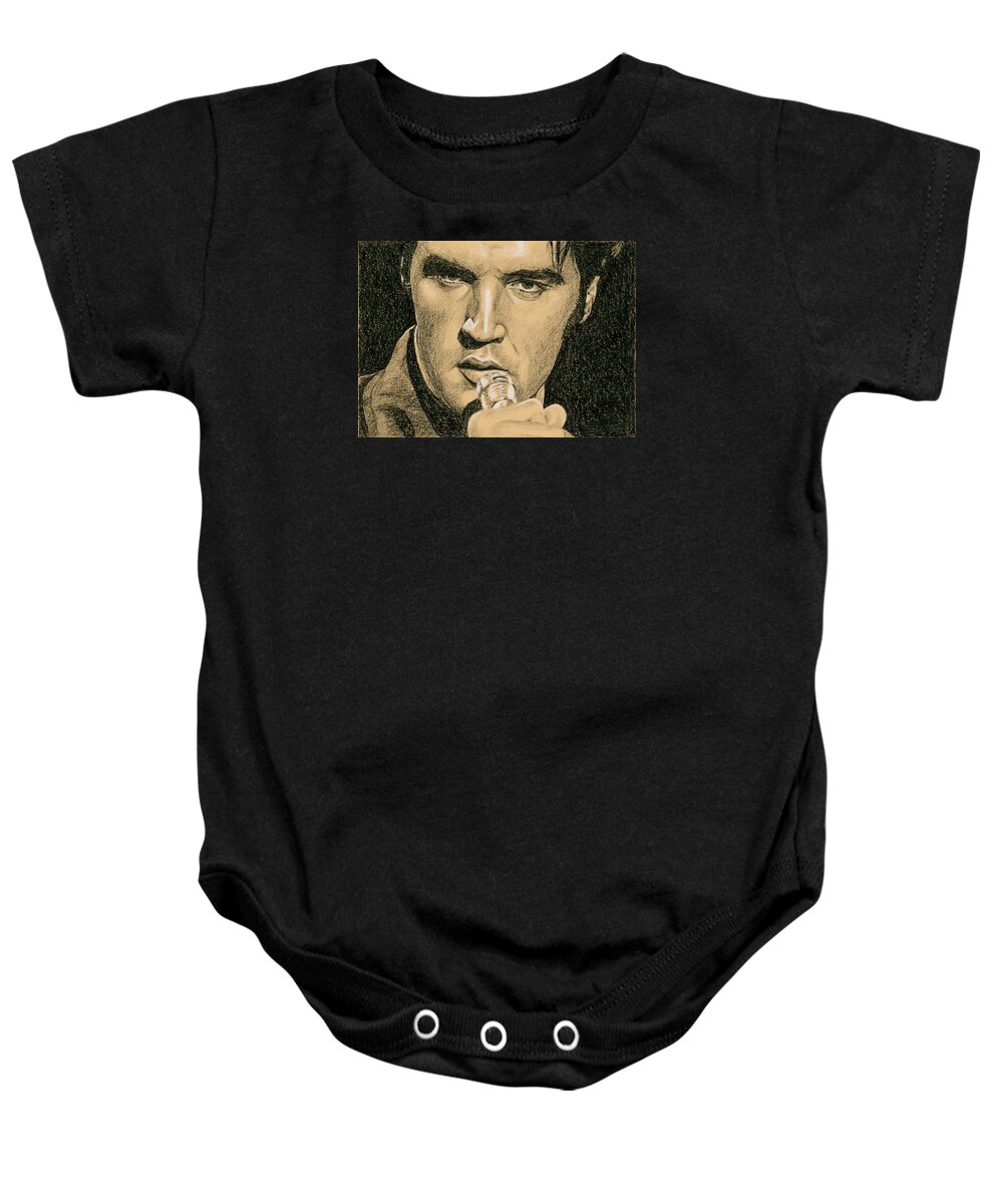Elvis Baby Onesie featuring the drawing If you're looking for Trouble by Rob De Vries