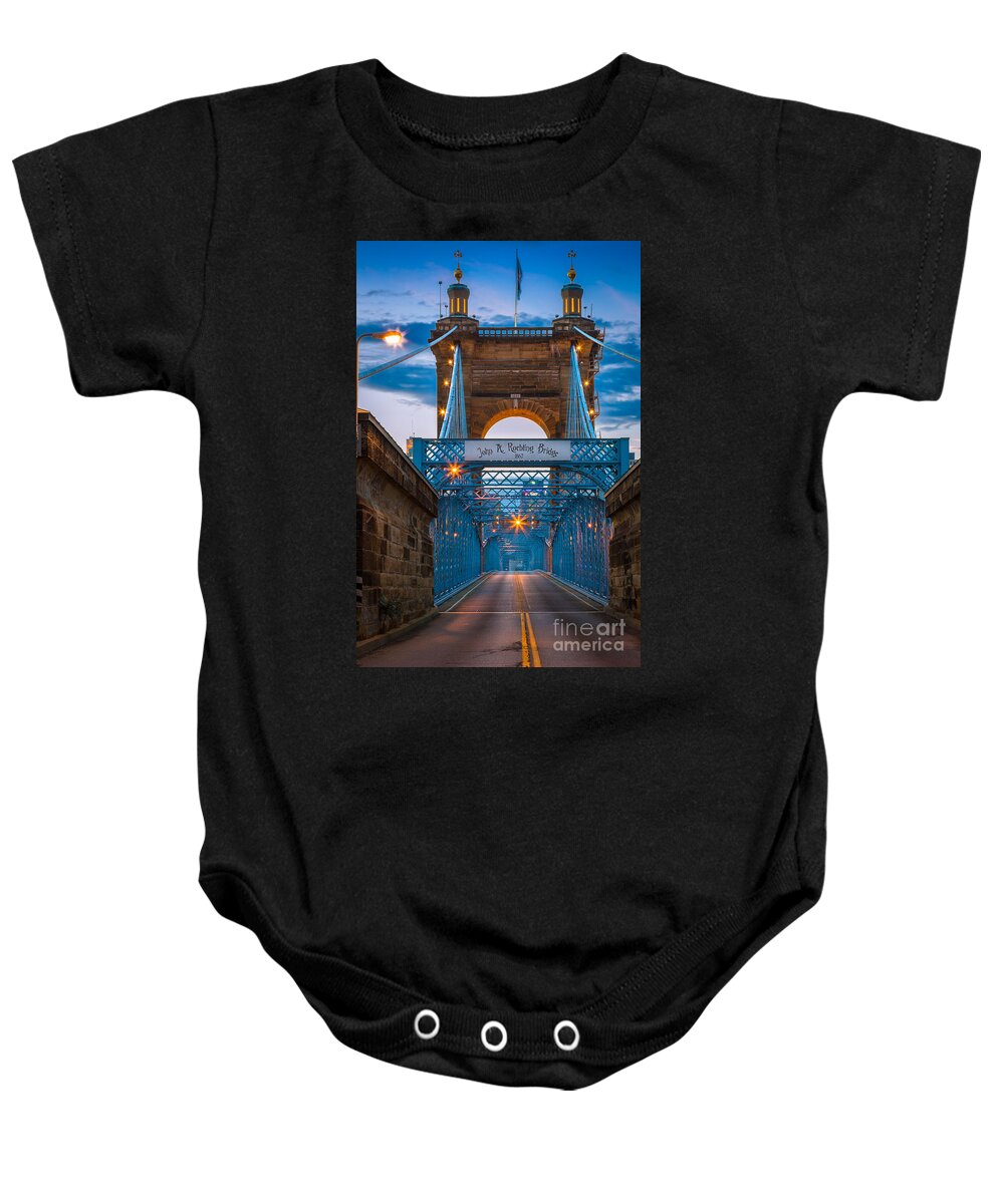 America Baby Onesie featuring the photograph John A. Roebling Suspension Bridge by Inge Johnsson