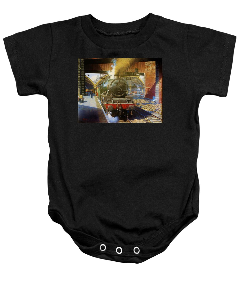 Train Baby Onesie featuring the painting Jubilee 4.6.0 at Liverpool Lime Street. by Mike Jeffries