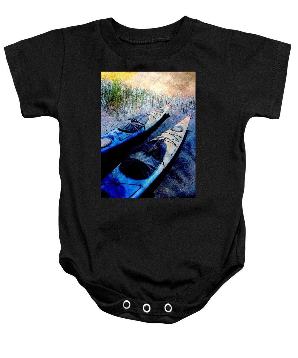Kayak Baby Onesie featuring the digital art Kayaks Resting w metal by Anita Burgermeister