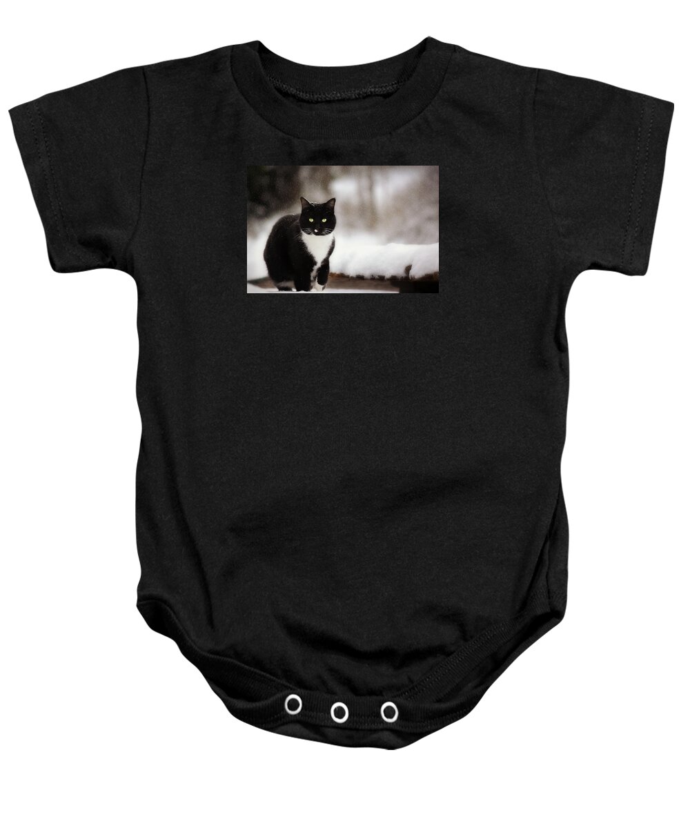 Snow Baby Onesie featuring the photograph Kitty Snow Play by Melanie Lankford Photography