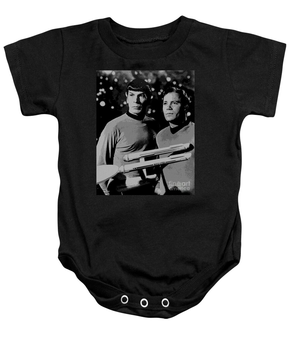 Leonard Baby Onesie featuring the photograph Leonard Nimoy William Shatner Star Trek 1968 by Vintage Collectables