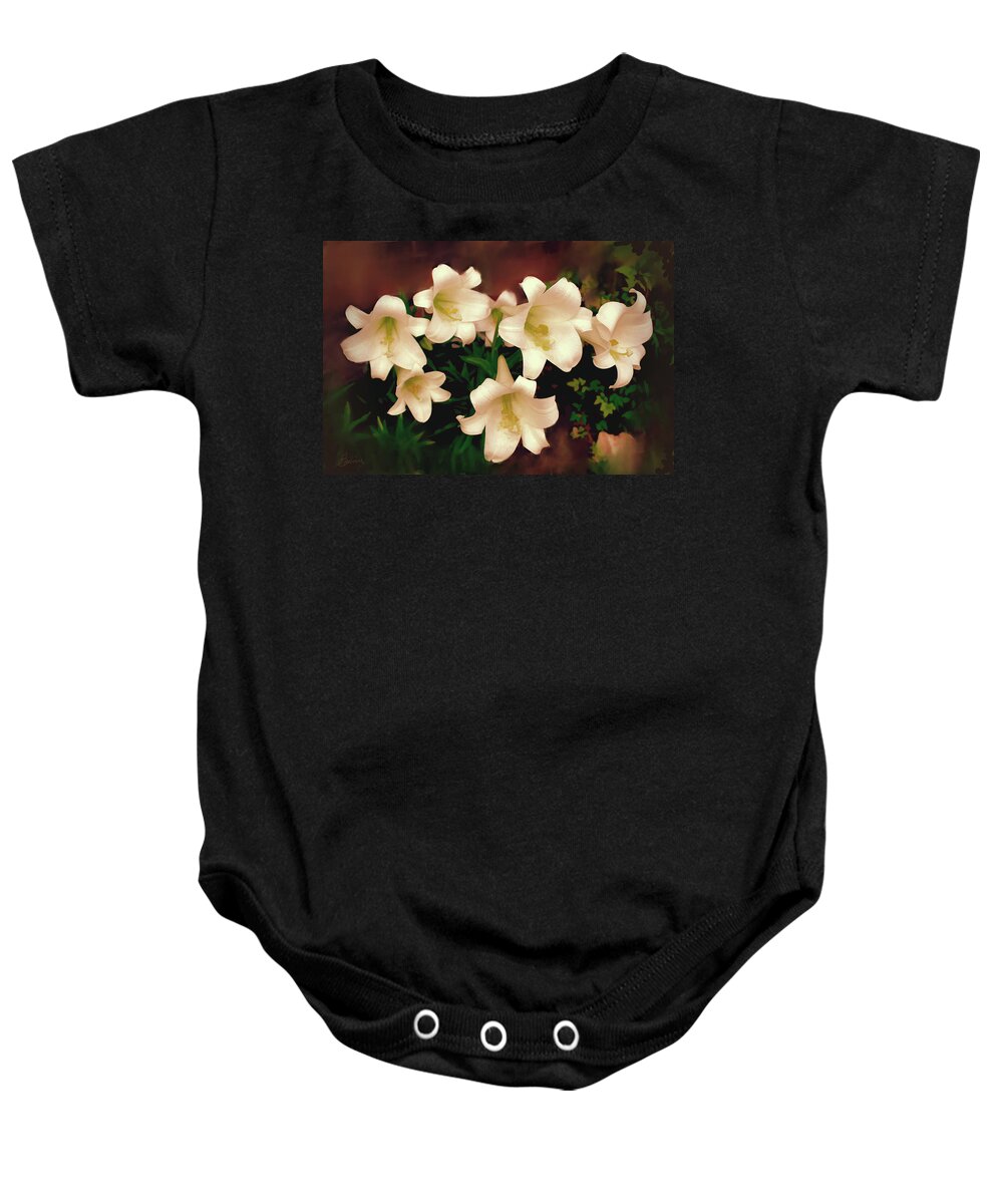 Lilies Baby Onesie featuring the photograph Lilies Aglow by Bonnie Willis