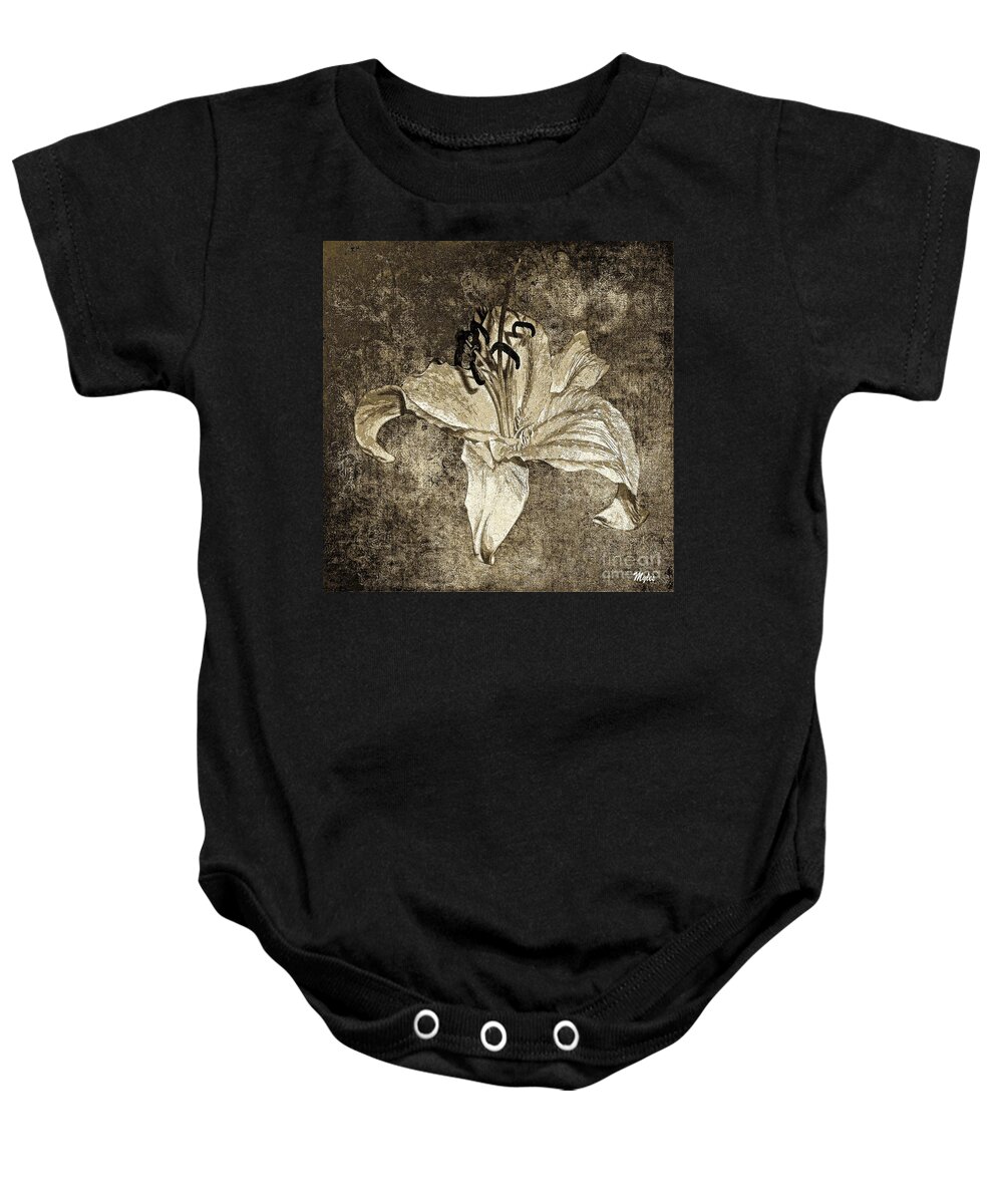 Lily Distressed White Baby Onesie featuring the painting Lily Distresed White Sepia by Saundra Myles
