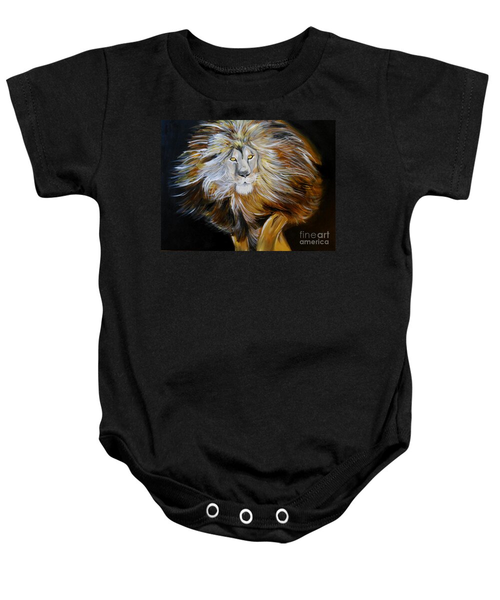 10% Of All Proceeds Will Be Donated To Local Church In Tampa Baby Onesie featuring the painting Lion of Judah by Amanda Dinan