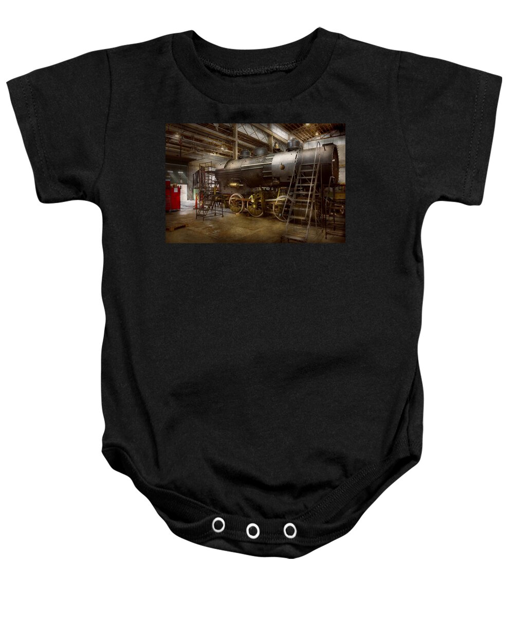 Train Baby Onesie featuring the photograph Locomotive - Repairing history by Mike Savad