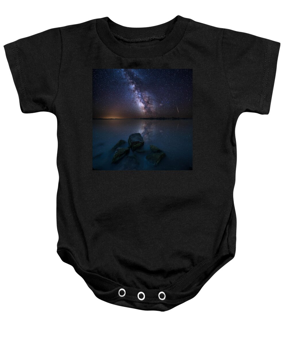 Milky Way Baby Onesie featuring the photograph Looking at the Stars by Aaron J Groen