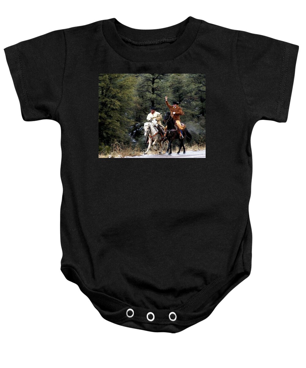Western Baby Onesie featuring the photograph Mail Handoff by Matalyn Gardner