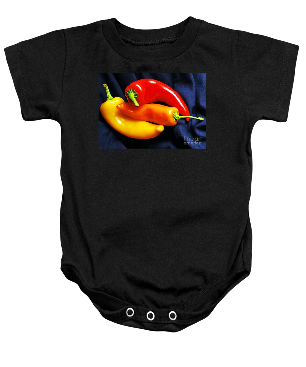 Peppers Baby Onesie featuring the photograph Menage a Trois Peppers I by Nancy Mueller