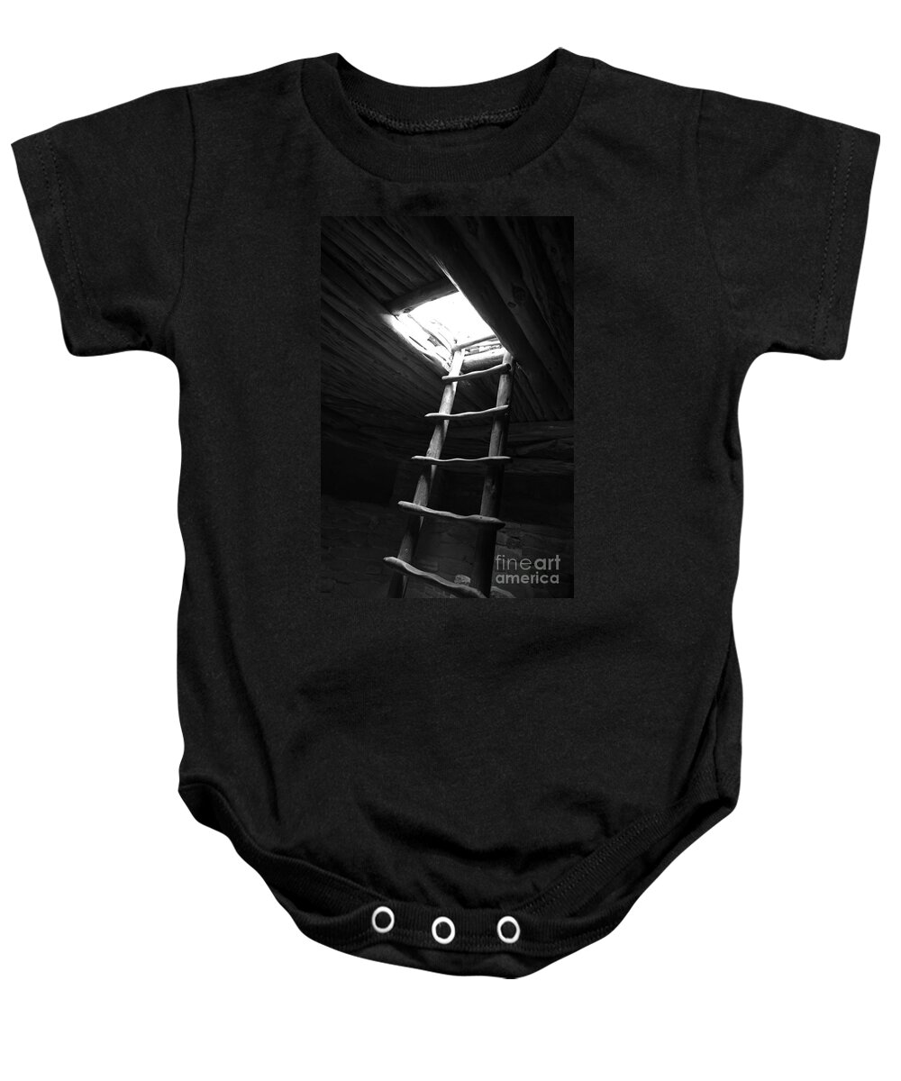 Mesa Verde Baby Onesie featuring the photograph Mesa Verde National Park Kiva Ladder Black and White by Shawn O'Brien
