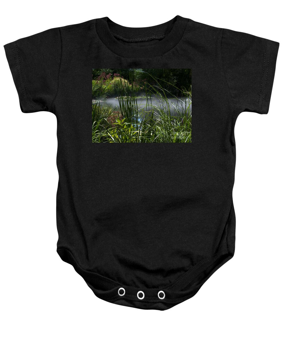 Mist Baby Onesie featuring the photograph Misty Lily Pond by Ann Horn