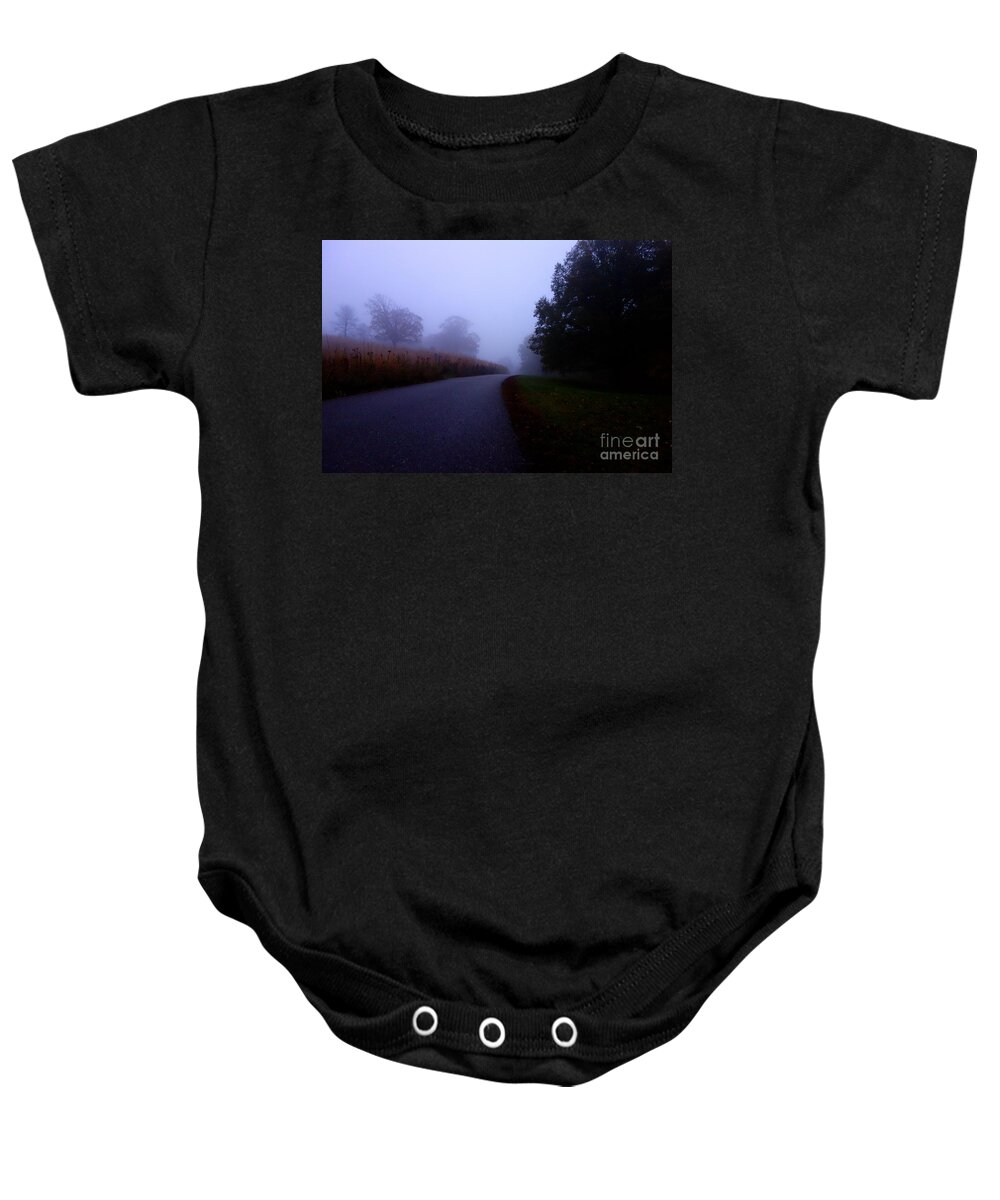 Autumn Baby Onesie featuring the photograph Moody Autumn Pathway by Jacqueline Athmann