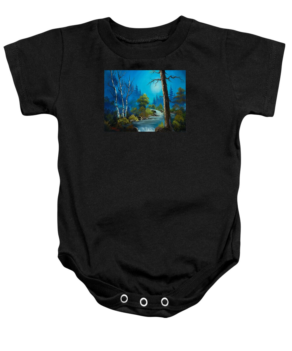 Landscape Baby Onesie featuring the painting Moonlight Stream by Chris Steele