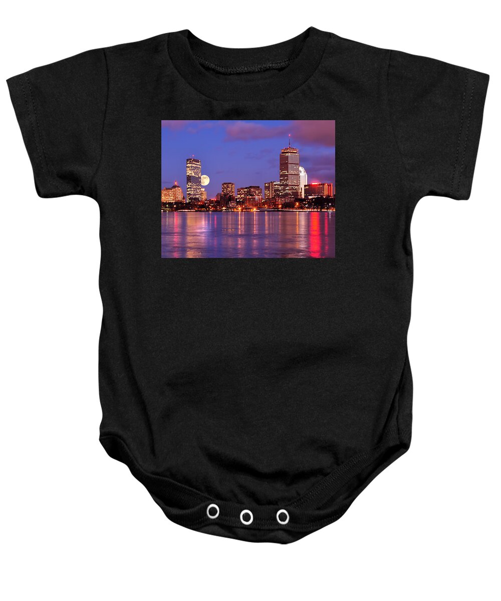 Boston Strong Baby Onesie featuring the photograph Moonlit Boston on the Charles by Mitchell R Grosky