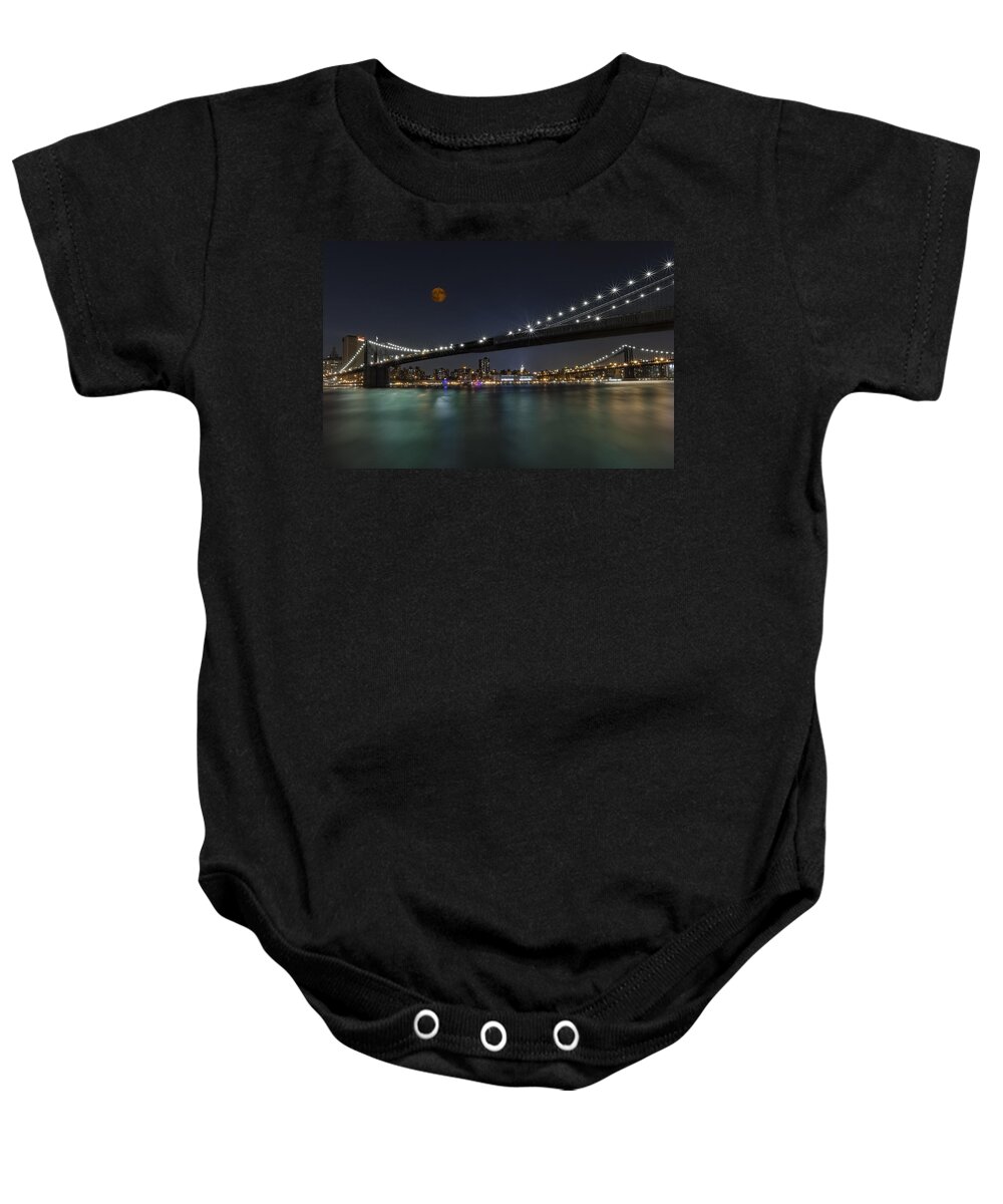 Brooklyn Bridge Baby Onesie featuring the photograph Moonrise over Manhattan II by Susan Candelario