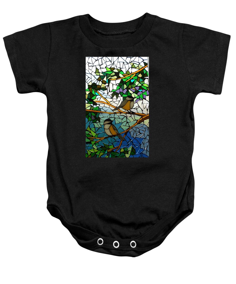 Mosaic Baby Onesie featuring the glass art Mosaic Stained Glass - Two Little Chickadees by Catherine Van Der Woerd