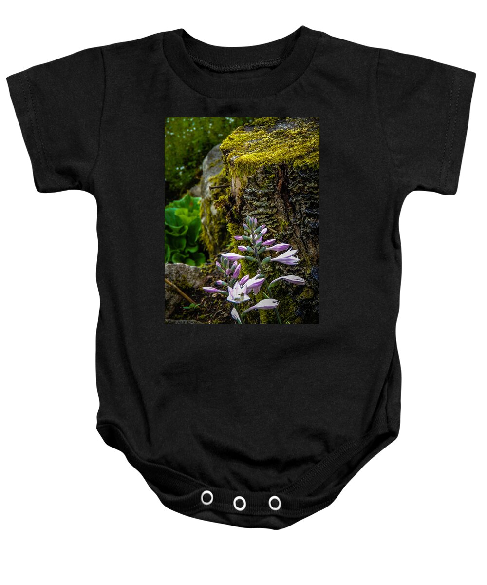 Moss Baby Onesie featuring the photograph Moss and Flowers in Markree Castle Gardens by James Truett